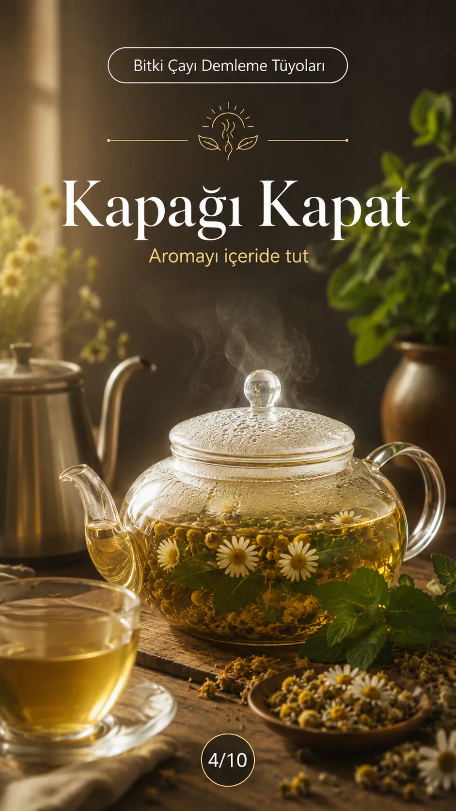 Bitki çayı demlerken kapağı kapatmak Bitki çayı demlerken kapağı kapatmak