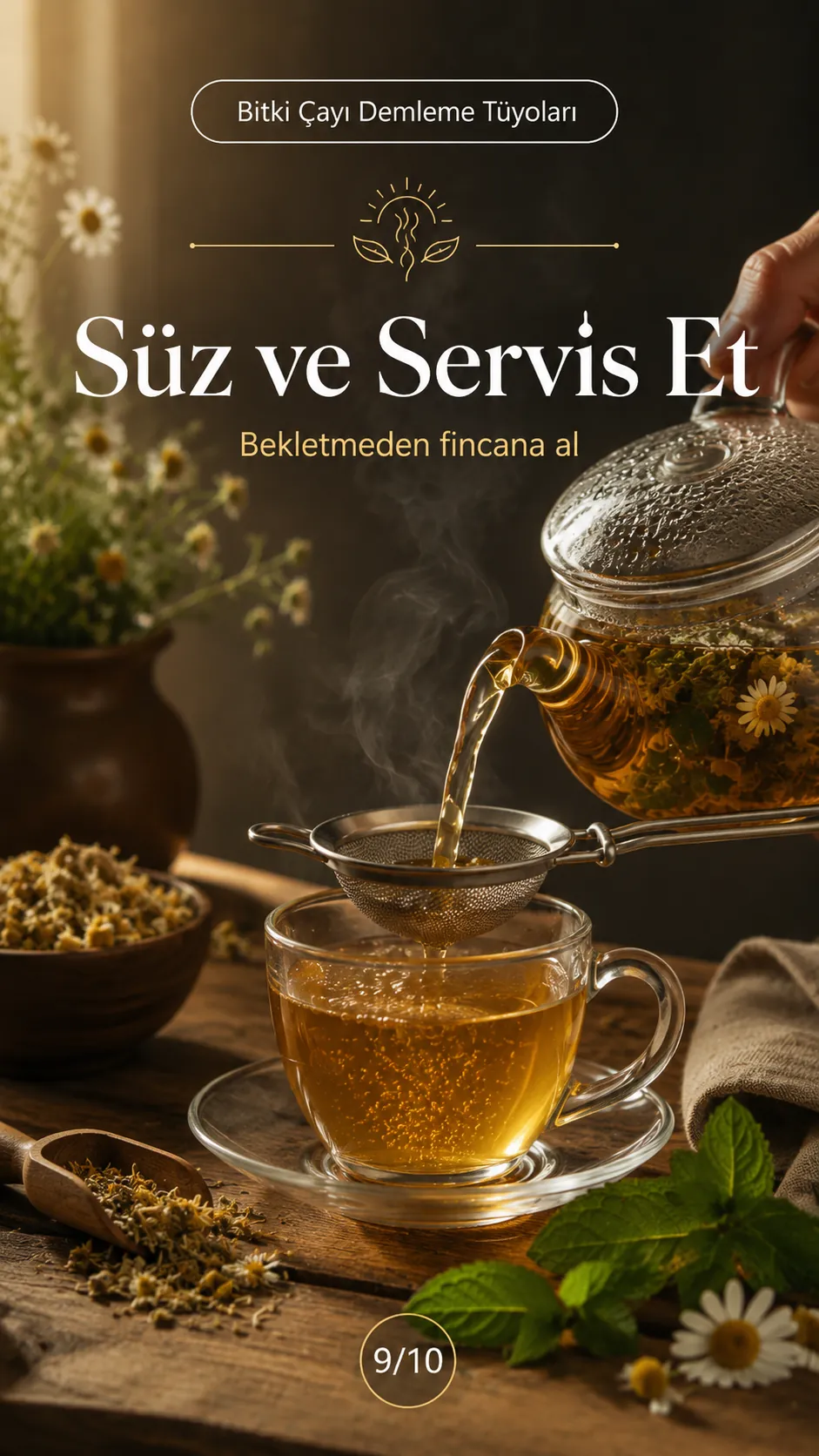 Bitki çayını süzerek zamanında servis etme Bitki çayını süzerek zamanında servis etme