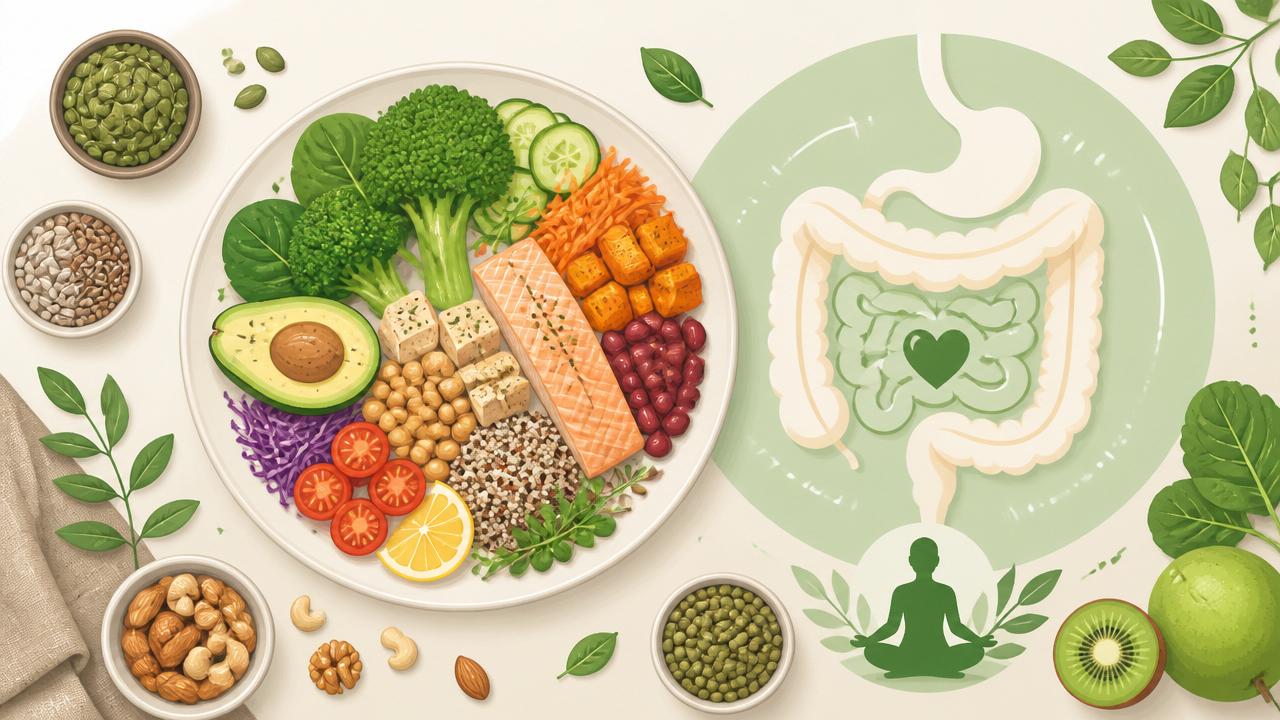 Sebze, lif ve protein içeren dengeli sağlıklı tabak ve bağırsak sağlığı simgesi