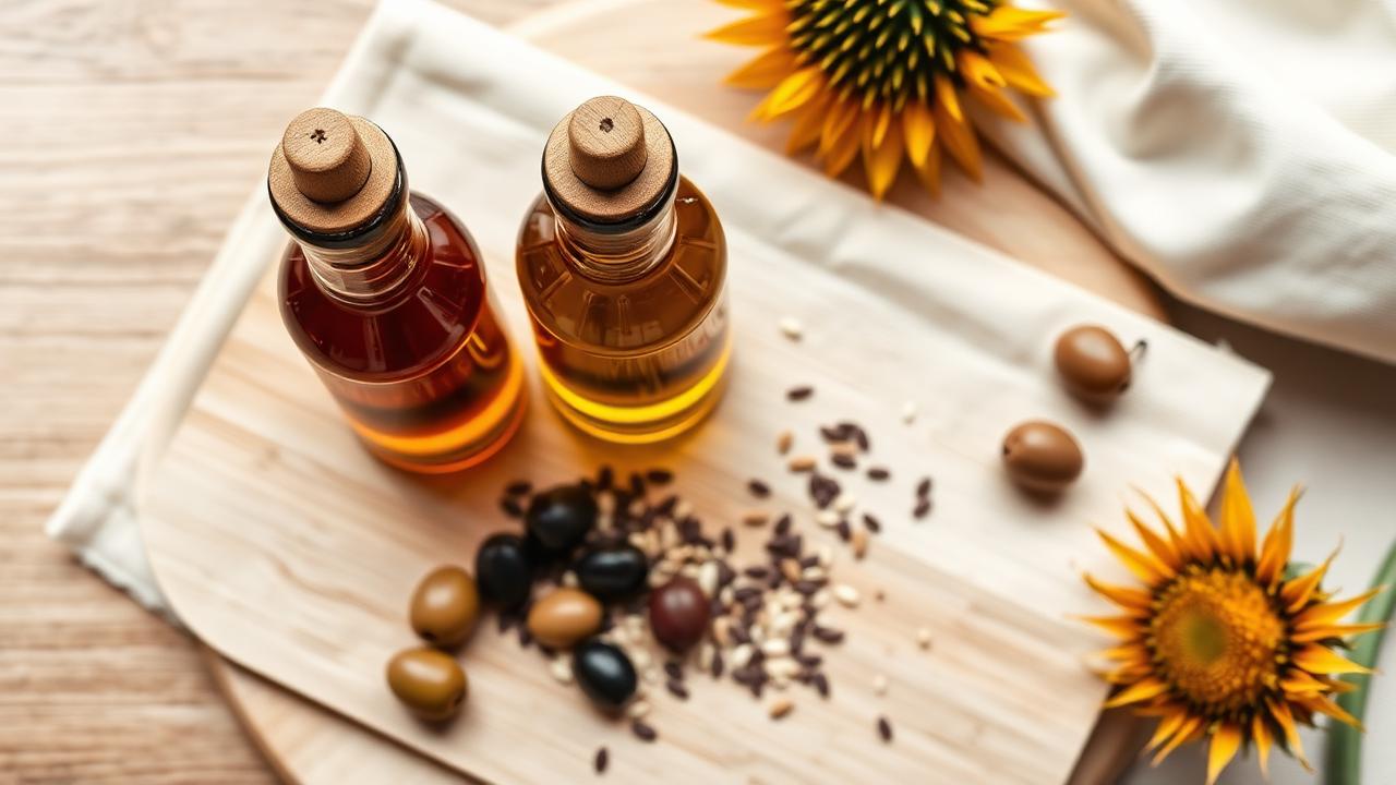 Farklı renklerde soğuk sıkım bitkisel yağlar; zeytin, susam ve keten yağı şişeleri yan yana