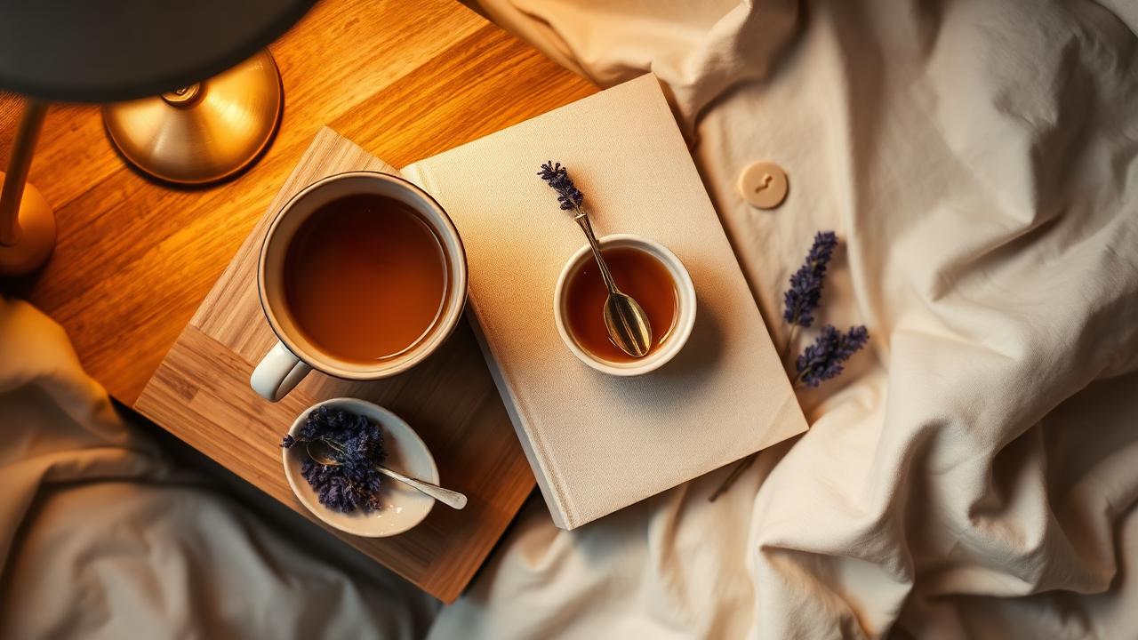 Loş ışıkta yatak başındaki komodinde bitki çayı, kitap ve mum ile sakin akşam rutini