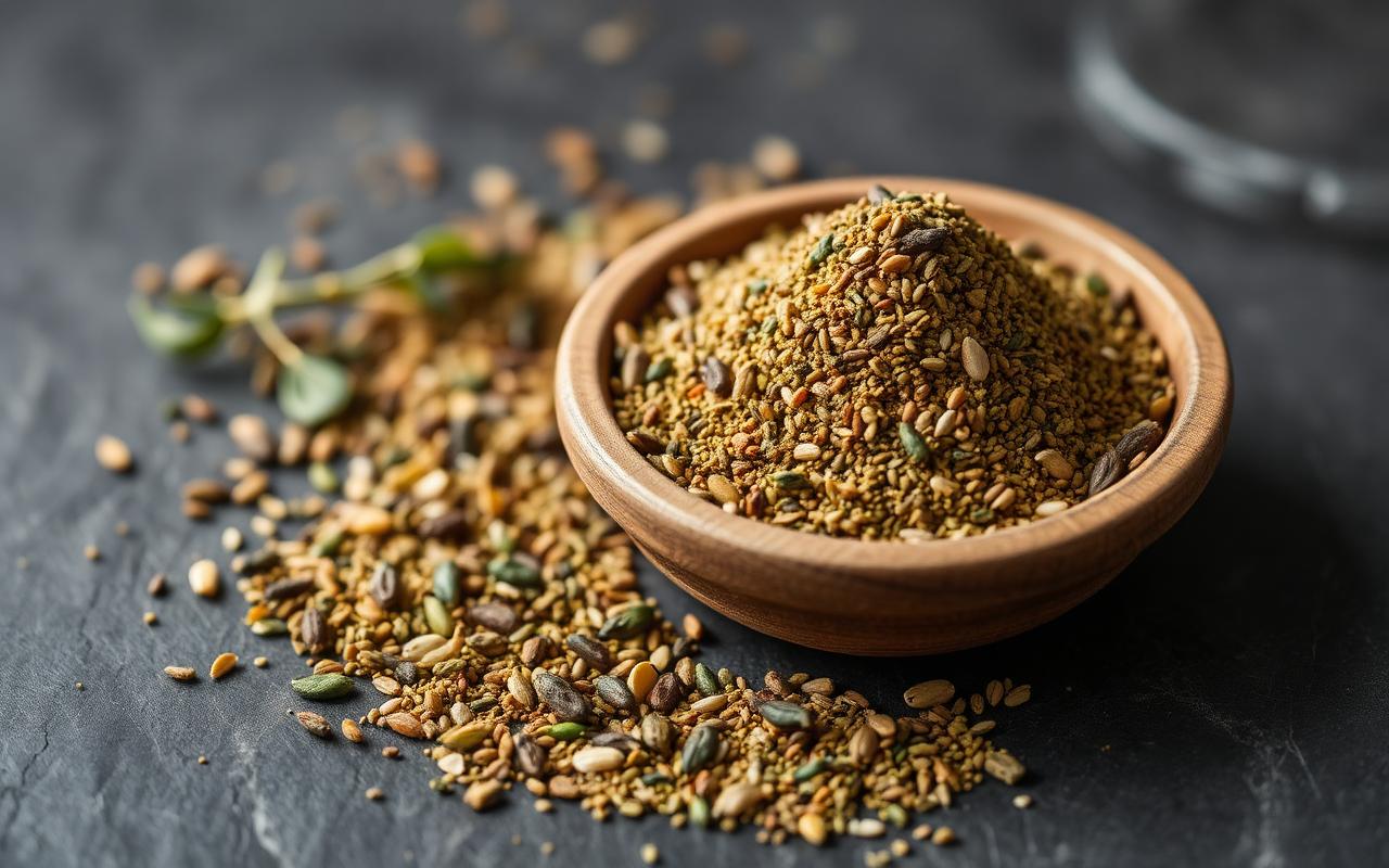 Zahter za'atar — Ortadoğu kökenli, kekik, sumak ve susamdan oluşan ekşi ve otsu aromalı kahvaltı karışımı