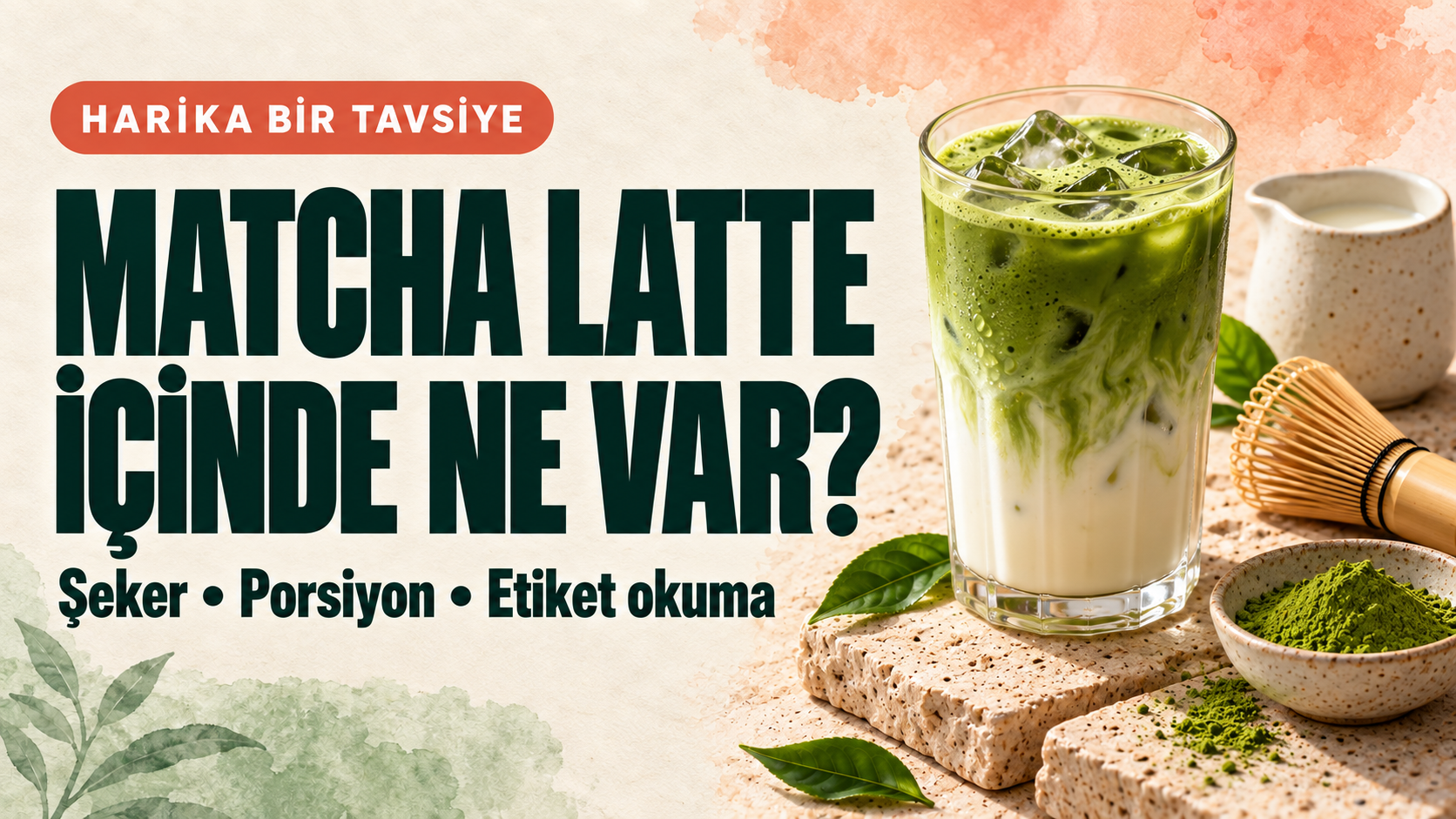 Krem fonda buzlu matcha latte, küçük süt sürahisi ve bambu çırpıcı; Matcha latte içinde ne var başlıklı kapak.